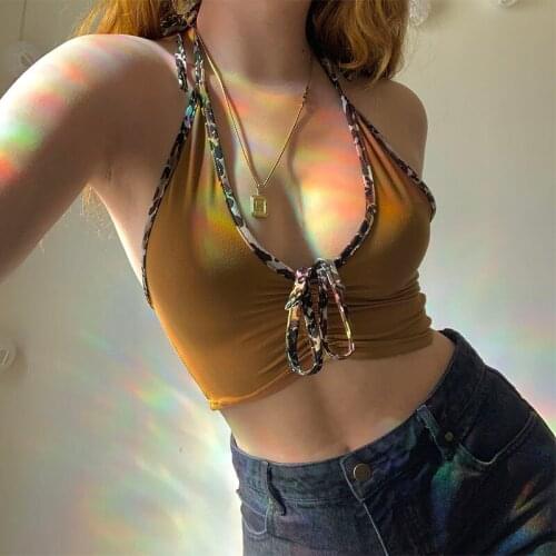 2021 Trendy Leopard Print Drawstring Camisole Tops Women Sexy Sleeveless Lace Up Halter Tank Top Casual Backless Slim Crop Top