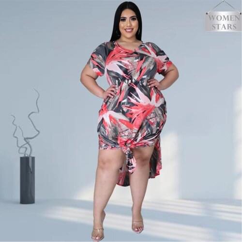 Plus Size 5xl Women Clothing Summer Flower Print Dress Fashion Short Sleeve Holiday Max Dresses Fashion Wholesale Dropshiping