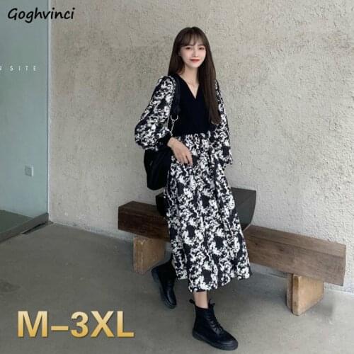 Long Sleeve Dress Women Puff Sleeve Print Knitted Patchwork Plus Size 3XL Autumn Elegant Fashion Casual Beauty Streetwear Loose