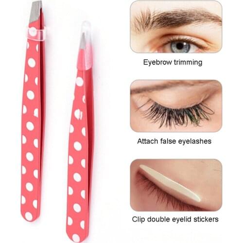 2Pcs Eyebrow Tweezer Hair Beauty Slanted Puller Stainless Steel Eye Brow Clips Pink Dots Tweezer Slant Flat Tip Eye Makeup Tools