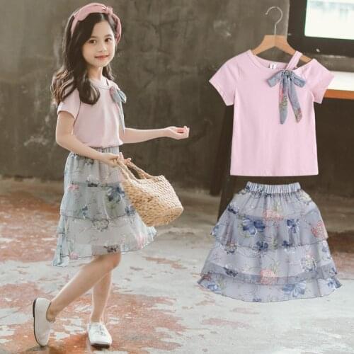 2021 summer kids baby Girls Clothes Fashion Bow T shirts Flower Skirts 2pcs pink Child Clothing 3 4 5 6 7 8 10 11 12 13 years