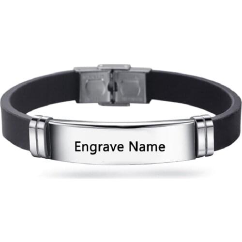 Costom Engraved Wide Stainless Steel Engrave Name Bracelet for Men Black Bracelets Bangle Fashion Male Accessories