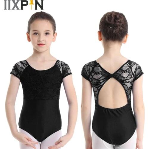 IIXPIN Kids Girls Gymnastics Leotard Ballet Dance Costumes Short Sleeves Floral Lace Bowtie Shaped Back Ballet Dance Jumpsuit