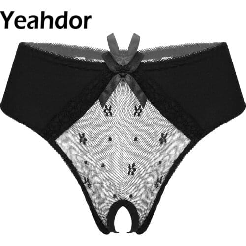 Women See Through Lingerie Underwear Hollow Out Lace Bowknot Crotchless Briefs Underpants Mesh Patchwork Sexy Erotic Underwear