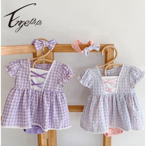 Engepapa Infant Baby Girls Cotton Short Sleeve Lattice Dress Bodysuits Newborn Baby Girls Jumpsuit Summer Baby Girls Clothes