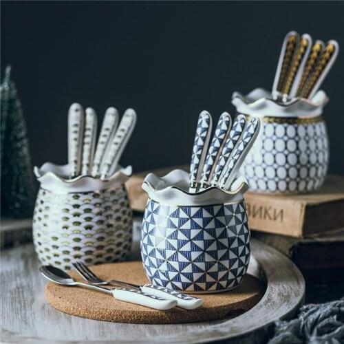 European Stainless Steel Dessert Spoon With Ceramic Handle Creative Household Geometric Tableware Small Fruit Fork Teaspoons Set