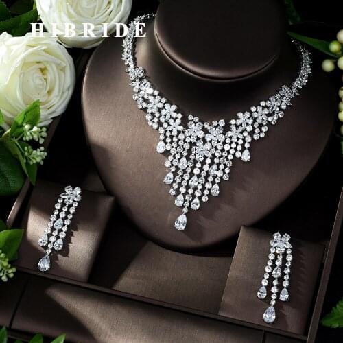 HIBRIDE 2019 White Color Jewelry Set With AAA Cubic Zirconia New Flower Design Woman 2pcs Necklace Sets ensemble de bijoux N-997