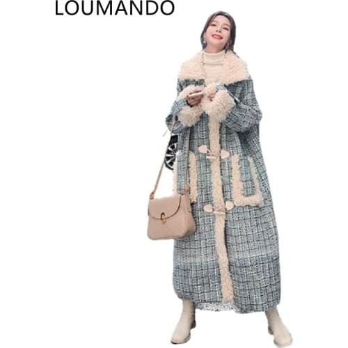 Korean version trend horns buckle plaid lamb wool Coat over the knee long thick warm Coat Womens Winter loose New cotton Coat