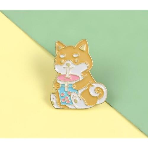 Cartoon cute animal brooch puppy shiba inu cat drinking water enamel pin alloy badge cowboy bag accessories jewelry gift for kid