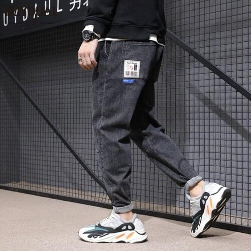 Men Jeans Black Color Loose Fit Spliced Denim Japanese Fashion Harem Pants Elastic Waist Designer Streetwear Hip Hop Jeans Men