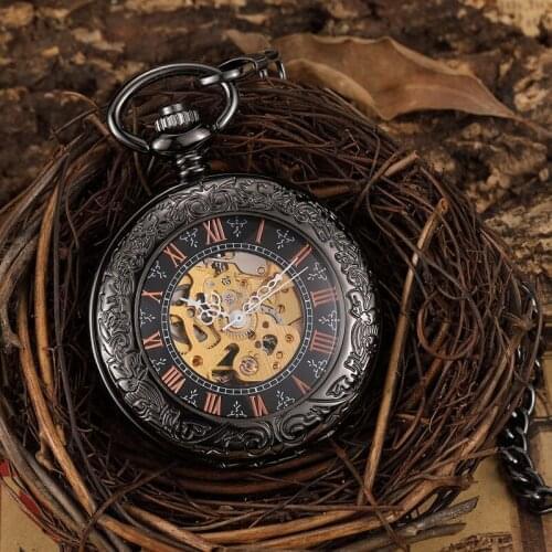 Vintage Bronze Skeleton Mechanical Pocket Watch Men Roman Dial Steampuk Hand Wind Pendant Clock Chain Watch Reloj de bolsillo