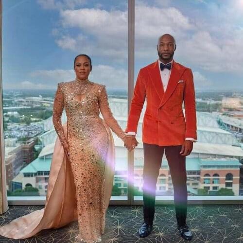 Orange Double Breasted Wedding Suits Slim Fit Two Pieces Velvet Mens Blazer and Pants Tailor Prom Tuxedos