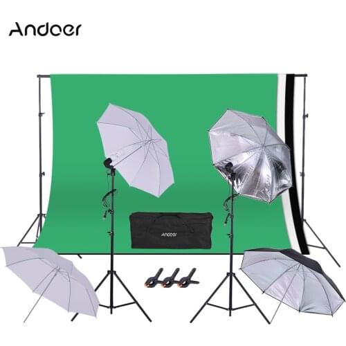 Andoer 1.6*3m/5.2*9.8ft Studio Lighting Kit w/ 45W 230V Bulb+Swivel Socket+2m/6.6ft Light Stand+Umbrella+Background Stand etc