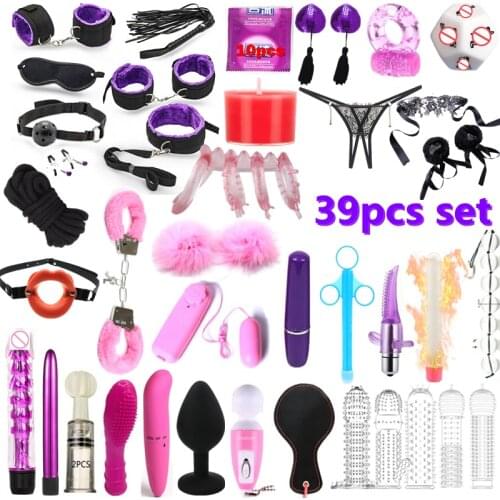 39pcs Adult Handcuffs Ball Whip Kit Bondage Set Couple SM Sex Toy Adult Games Sex Toys Handcuffs for Sex Whip Bdsm Bondage Set