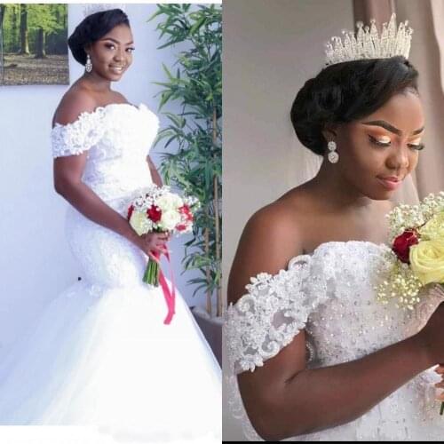 African Cheap Mermaid Wedding Dresses Off Shoulder Lace Appliques Crystal Pearls Beded Plus Size Tulle Sweep Train Formal Bridal