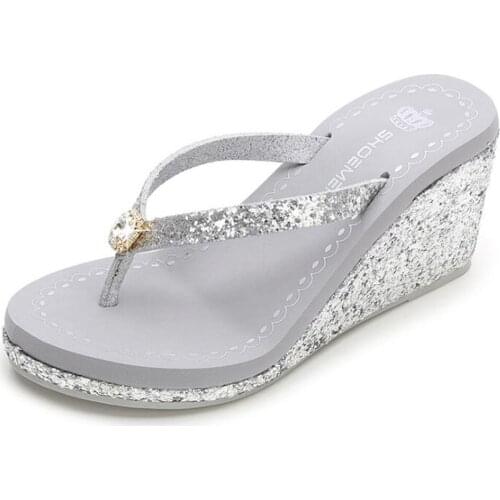 New summer Sequins Thick Bottom Slippers Sandals Summer Women Beach Wedges Shoes Sexy High Heel Rhinestone Flip Fops women xx59
