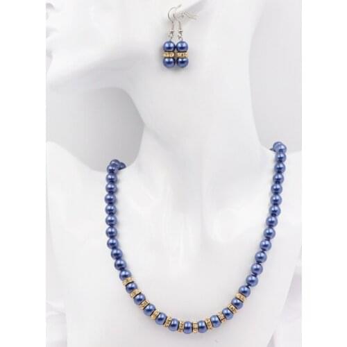 New Fashion Statement Women Necklace Earrings Jewelry Set 8mm Glass Pearl Simulated Pearls Round Rhinestone Chain Set 18" A623