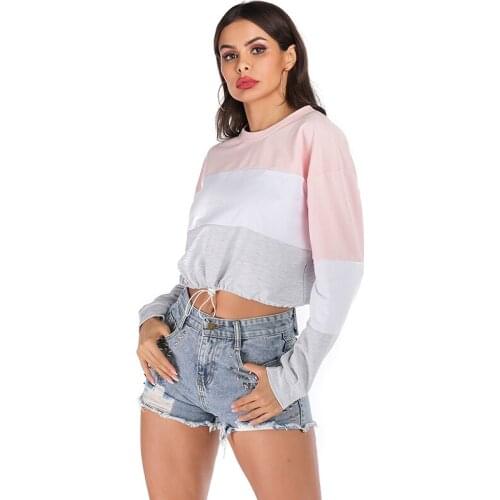 Fall 2020 Women Clothing Stitching Crewneck Sweatshirt Women Thin Short Casual Women Tops Long Sleeve Streetwear Women