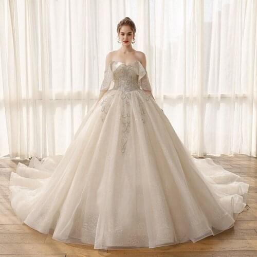 SL-8075 luxury ball gown wedding dress off shoulder plus size wedding bridal dresses sequins puff sleeves women bridal gown 2021