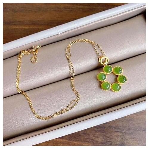 Hetian Jade Simple Alluvial Gold Elegant Natural Jasper Silver Antique Pendant Green Jade round Clavicle Chain Necklace