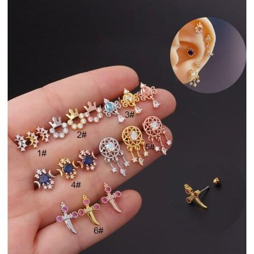 1PC CZ Crown Dream Catcher Cartilage Piercing Earrings for Women Girls Ear Bone Stud Nose Piercing Belly Piercing Body Jewelry