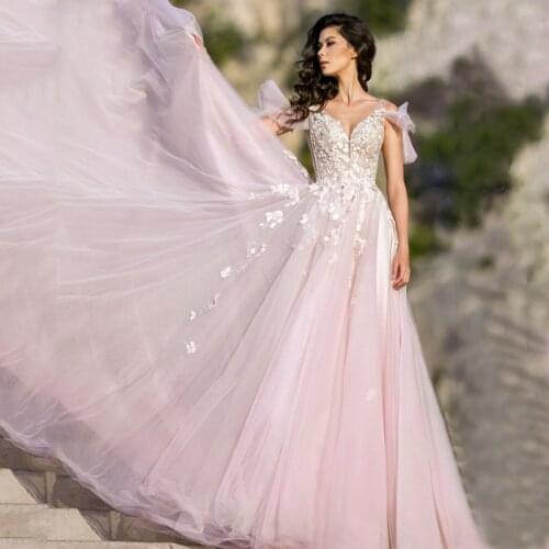 V-Neck Light Pink Appliques Lace Backless Tulle Wedding Dress 2021 Vestido De Noiva Bridal Gown