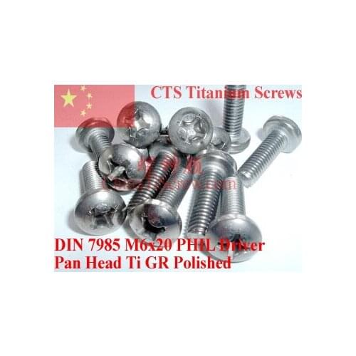 Titanium screws M6x20 DIN 7985 Pan Head Phillips Driver Ti GR2 Polished 10 pcs