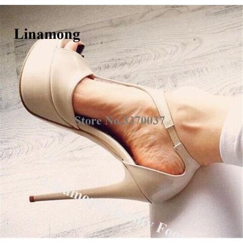 Women Fashion Style Peep Toe Patent Leather Stiletto Heel High Platform Pumps T-strap Beige High Heels Formal Dress Shoes