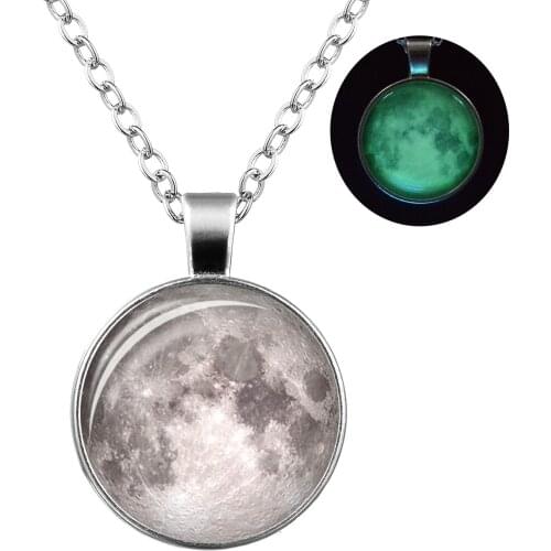 Vintage Moon Planet Luminous Glowing Moonstone Pendant Necklace Women Jewelry Long Chain Lotus Buddha Pendant Necklaces Gifts