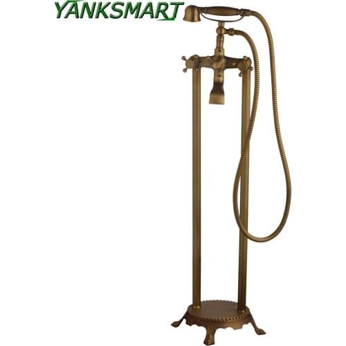 YANKSMART Bathroom Bathtub Antique Brass Phone Handle Style Shower Mixer Faucet +Handheld Sparyer floor mount free standing tap