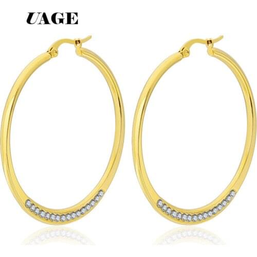 UAGE Stainless Steel Jewelry Big crystal Hoop Earrings Gold Color Circle Round Earrings For Women