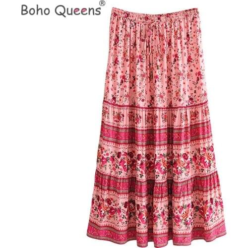 Boho Queens summer Hippie women elestic waist beach skirt pink floral printed rayon cotton Bohemian maxi skirt