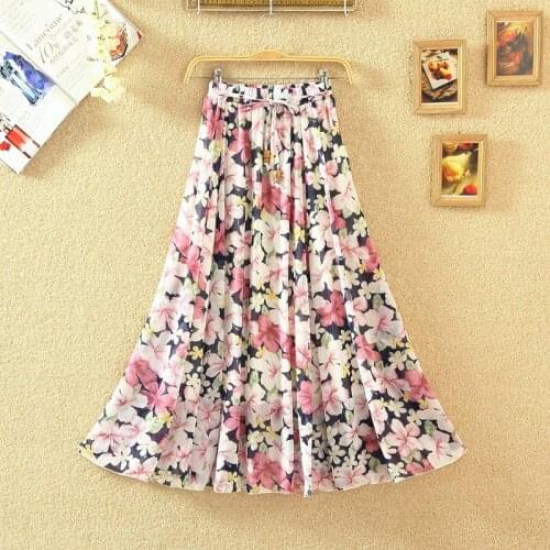Fashion Printed A-line Long Skirt Womens 2021 Summer New French Plus Size Chiffon Bohemian Beach Pleated Midi Skirt with Belt