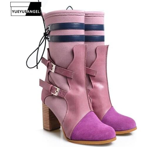 Handmade Quality Womens Mid Calf Boots Autumn Buckle Strap Thick High Heel Botas Fashion Design Slip On Stretch Sock Boots Femme
