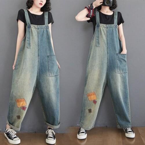2021 Fashion Spring Stitching Jeans Look Thin Denim Harem Overalls Women Loose Streetwear Trousers Casual Jumpsuit Bib Pants