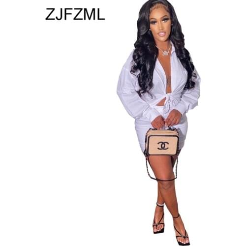 White Sexy Bodycon 2 Two Piece Matching Sets Women Clothes Turn Down Collar Full Sleeve Crop Blouse and Mini Skirts Club Outfit