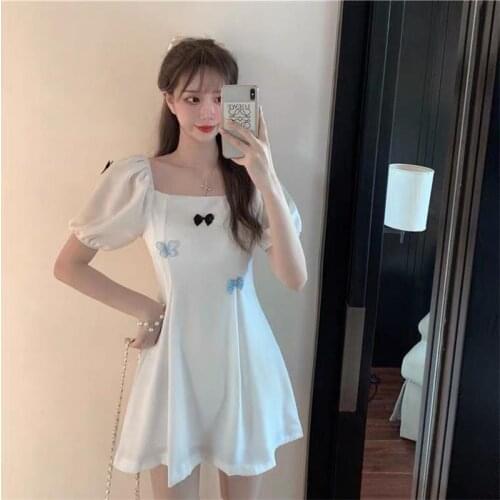 Lady Fashion Sweet Print Puff Sleeve Fairy A-line Dress Korean Style Retro Sexy Bodycon Evening Dresses Women Clothing Mini Dres