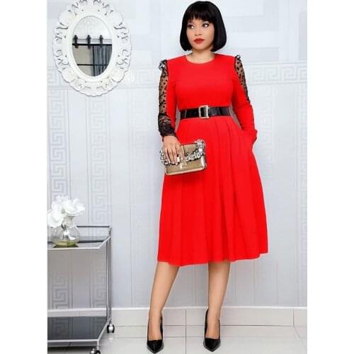 African Dresses For Women Fashion New Africa Clothes Summer Polka Dot Mesh Long Sleeve With Belt Elegant Office Dress Female