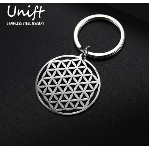 Unift Retro Flower of Life Car Keychain Accessories Amulet Ring Stainless Steel Fashion Mens and Womens Gifts