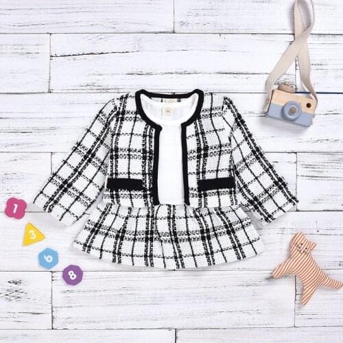2020 New Autumn Winter Lattice Children Suit Sweets Baby Girls Clothes Fashion Long Sleeve Coat+Dress 2-Piece Set 1-2-3-4-5 Year