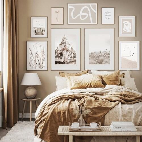 Boho Trendy Abstract Line Beige Reed Sky Bird Wall Art Canvas Painting Poster Print Picture Living Room Home Interior Decoration