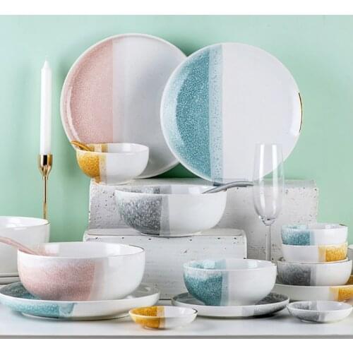 Ceramic Dinnerware Set With Gradient Color Golden Rim Flat Steak Plate Japanese Sushi Tray Full Set Tableware Big 10inch Tray