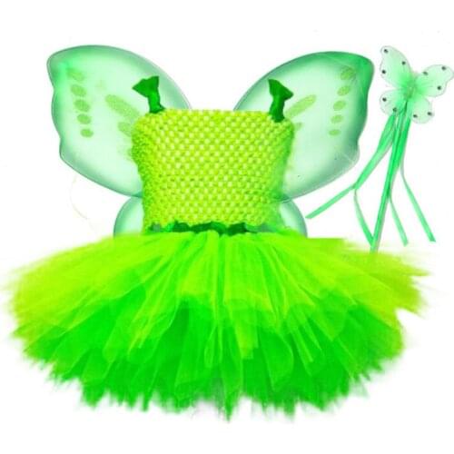 Princess Girls Elf Wings Costume Set Bright Neon Green Tutu Dress Fairy Wand St Patrick Day Carnival Cosplay Outfits
