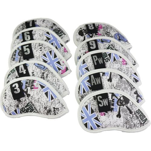NRC 10PCS Golf Iron Headcover UK Flag Skull With Number Tags Thick PU Artificial Leather Iron Club Head Cover