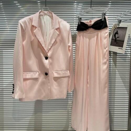 Trendy Womens Long Sleeve Blazer Jacket + Bowknot Decorated Waist Suit Pants Office Lady Sweet Suit Sets