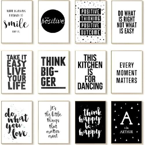 Wall Art Paintings English Smile Positive Letters Nordic Poster and Prints Canvas Picture Black and White Quote Words Home Decor
