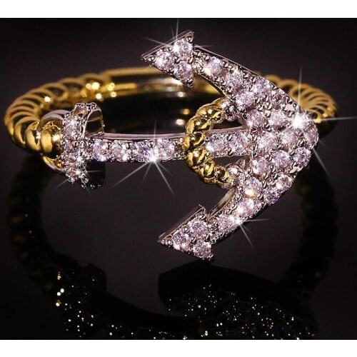 2021 New Yellow Gold Anchor with white Zircon Stone Ring for Women Man Fashion Jewelry Wedding Engagement Rings Cute GIft