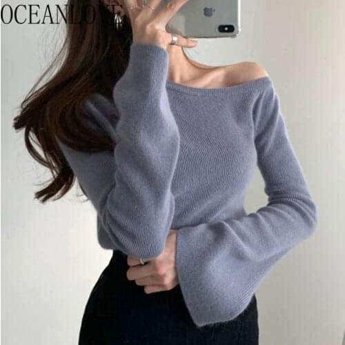 OCEANLOVE Slash Neck Elegant Pull Femme Solid Ins Autumn Korean Chic Soft Women Sweaters Office Ladies Winter Clothes Vintage