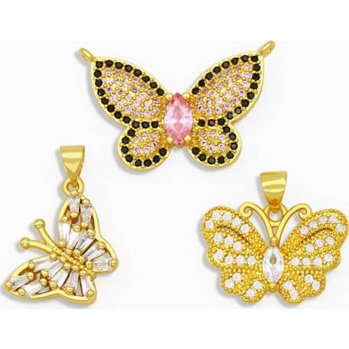 OCESRIO Brass Cute Pink Butterfly Necklace Charms Wholesale Small Gold CZ Insect Pendant Charms for Jewelry Making pdta195