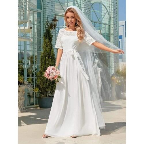 Formal Wedding Dress Elegant Chiffon Lace With A-line Floor Length Short Sleeves O-neck Garden Wedding Bride Gowns Backless